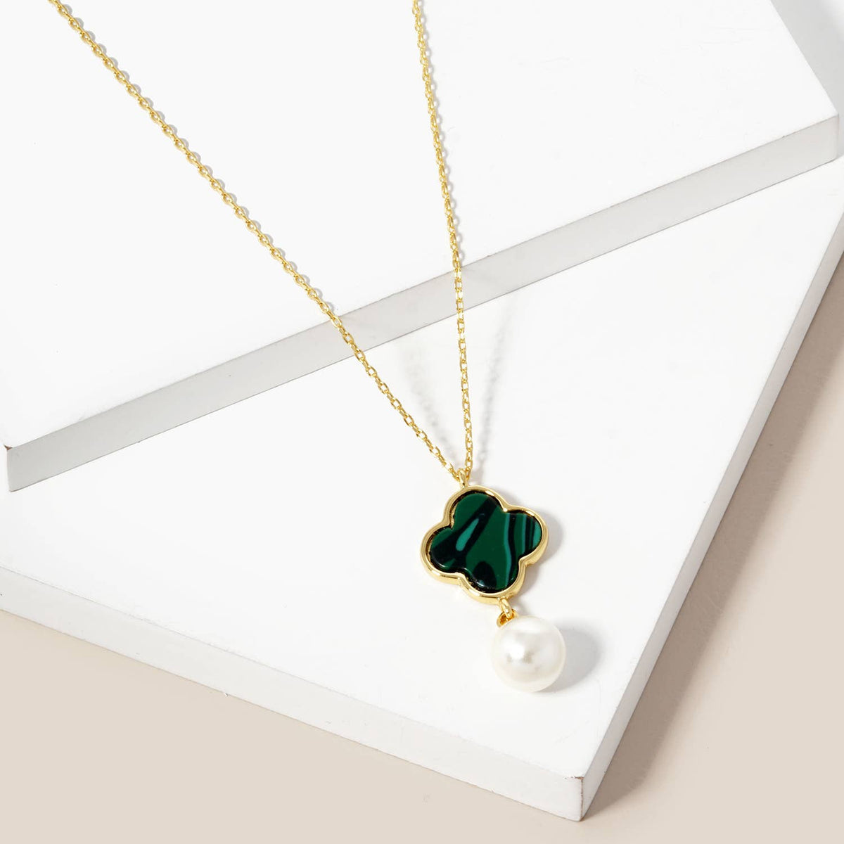 Clover Inlay & Pearl Drop Charm Necklace