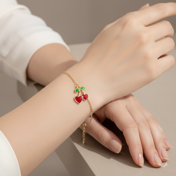 Enamel Heart Cherry Charm Bracelet
