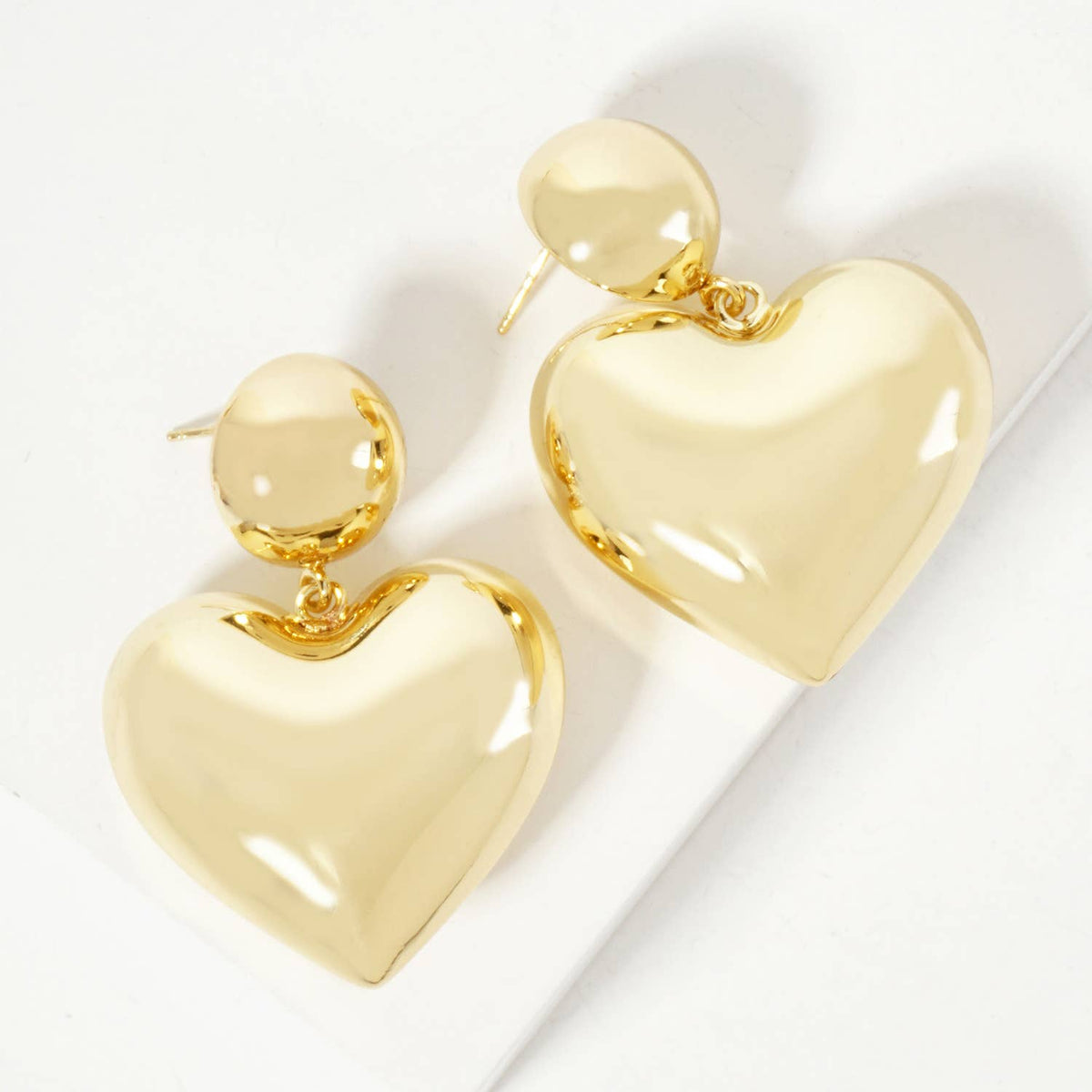 Polished Brass 1-inch Puffy Heart Drop Dangle Earrings