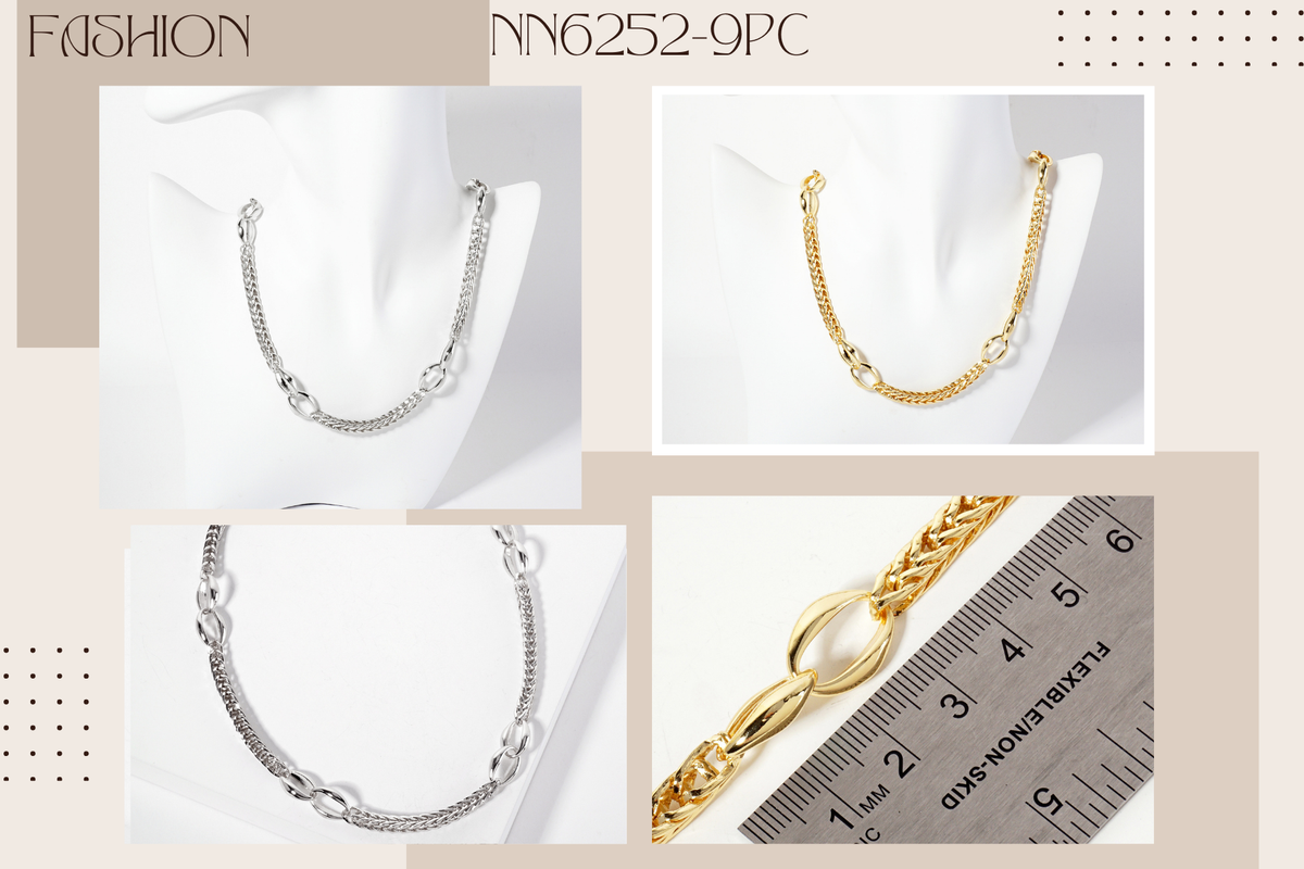Interlocking Oval-Chain Accents Wheat-Chain Necklace