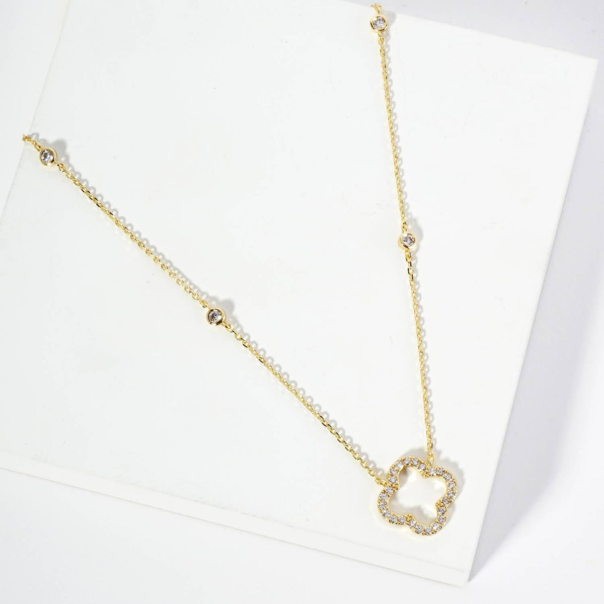18K Pave Set Cubic Zirconia Quatrefoil Cutout Pendant