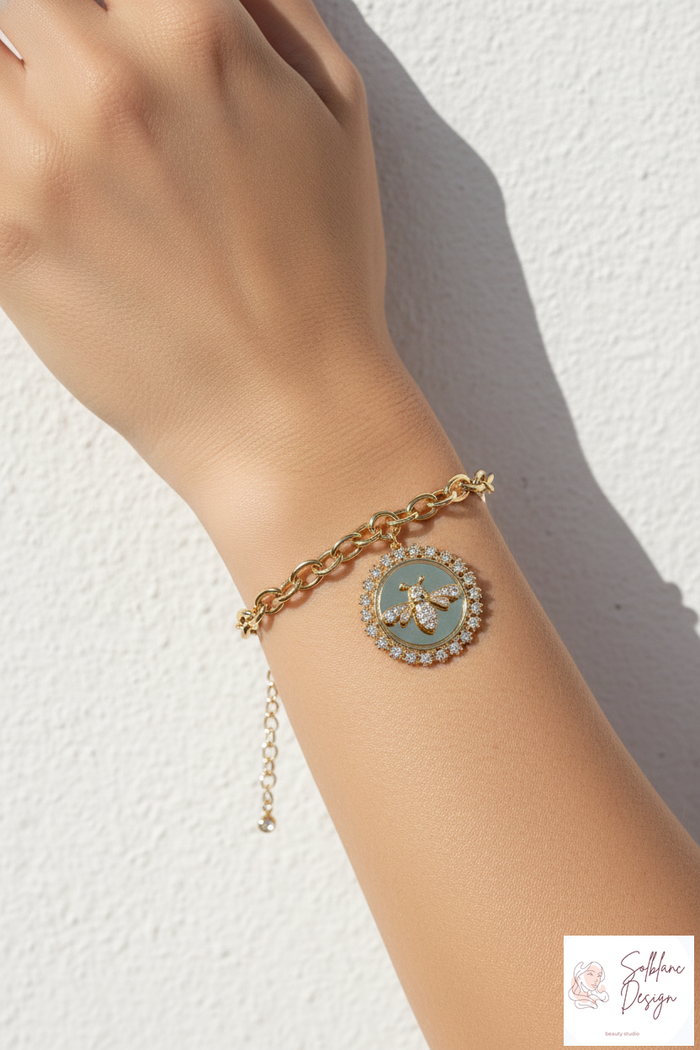Elegant Pave Crystal Bee Coin Charm Bracelet
