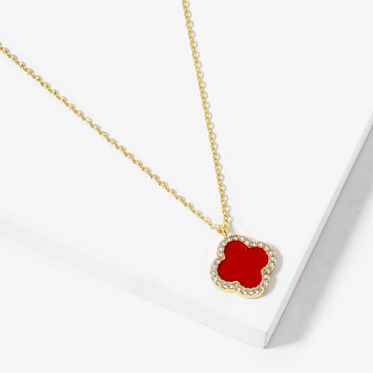 Pavé Border Four-Leaf Clover Pendant Necklace