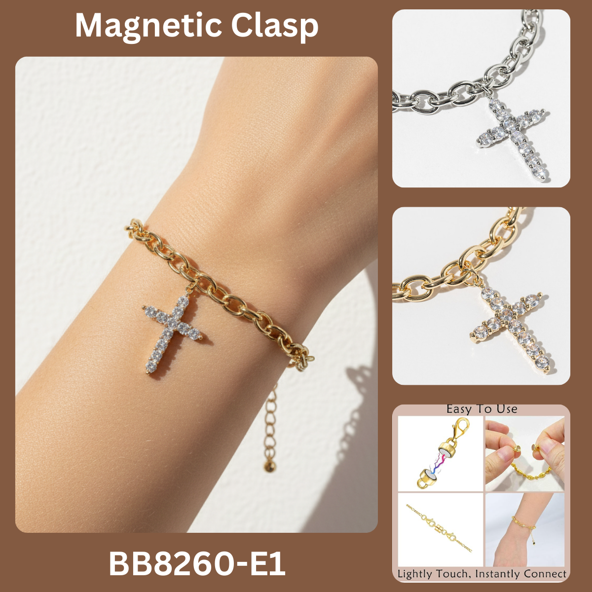 Magnetic Clasp Pavé Cross Charm Chain Bracelet