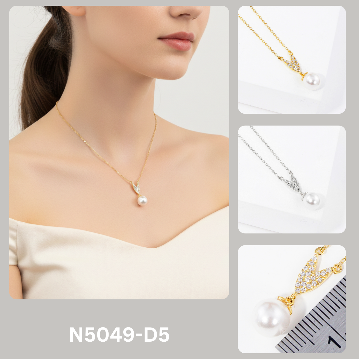 Elegant V-Shaped Pave CZ and Pearl Pendant Necklace