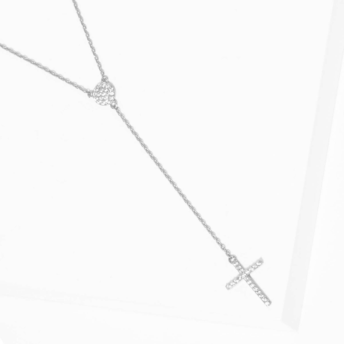 Dainty Pave Heart and Cross Lariat Necklace