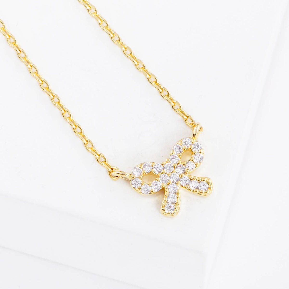 Dainty Pave CZ Bow Ribbon Necklace