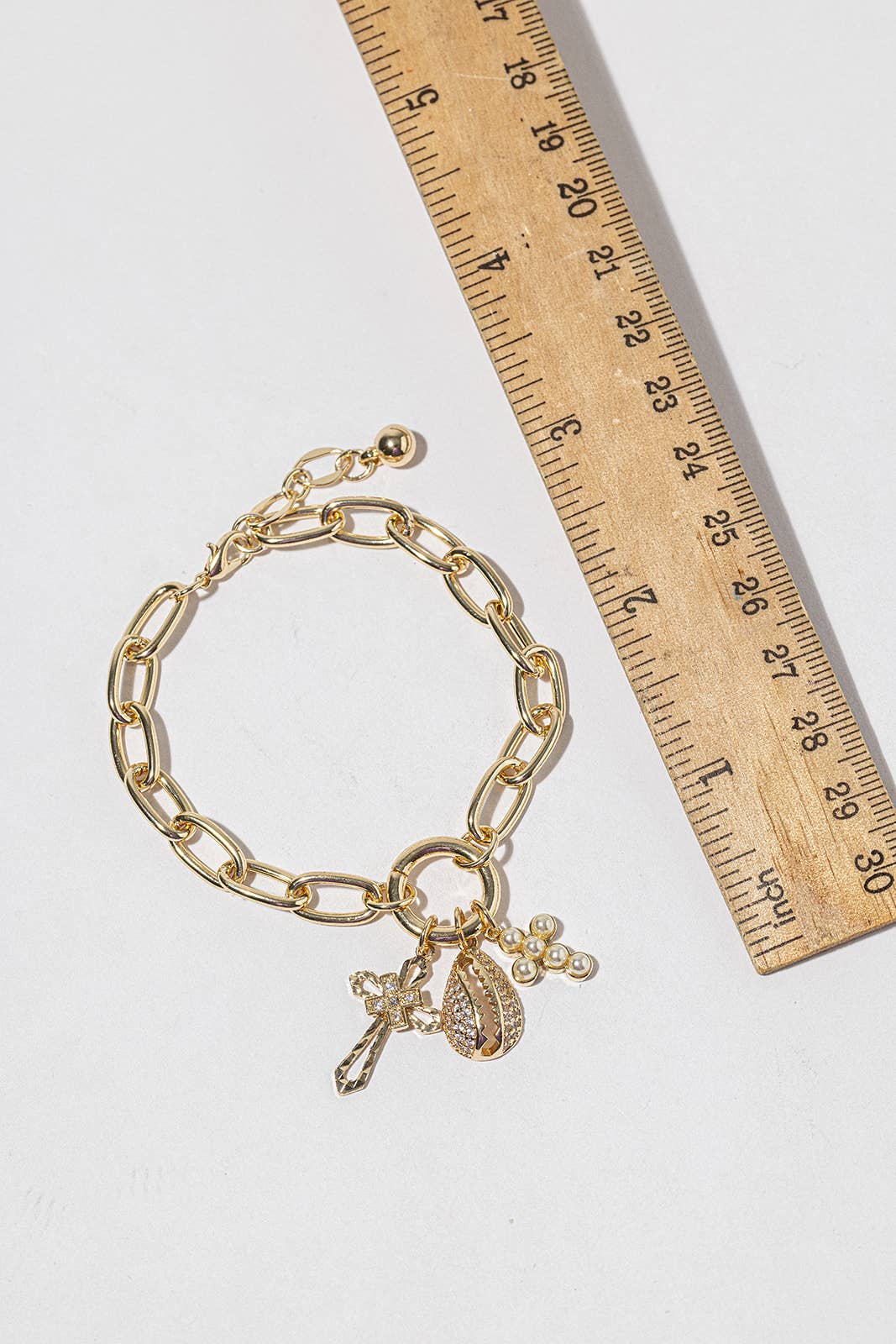 Chunky Chain Charm Bracelet with CZ Cross & Cowrie Shell