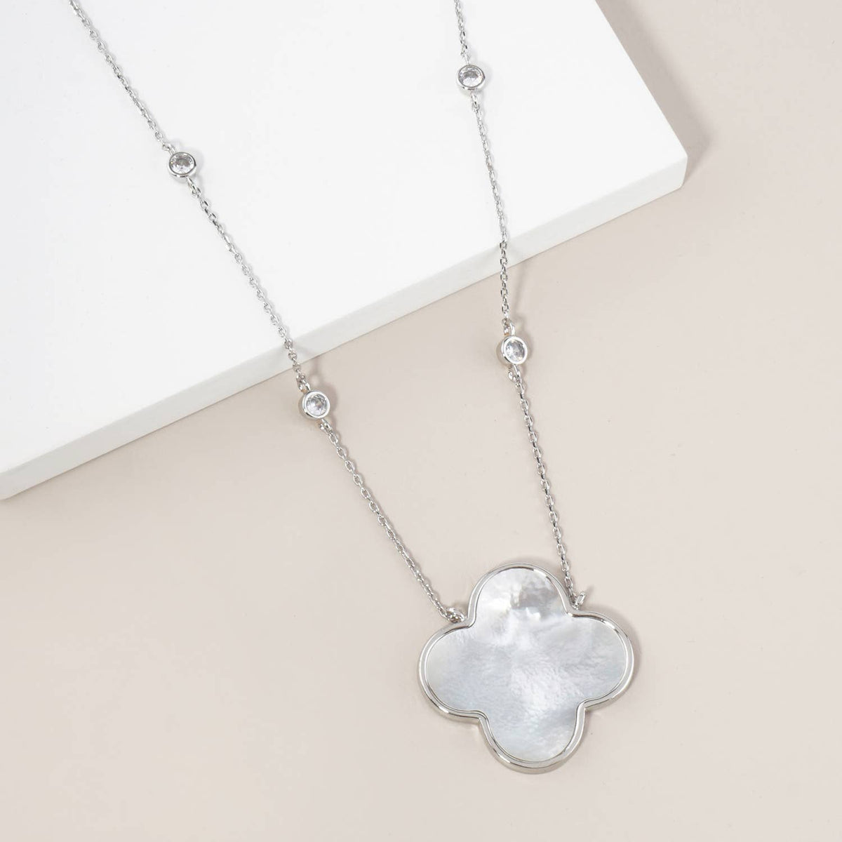 Quatrefoil Pendant CZ Stone Chain Necklace / 18K Gold Dipped