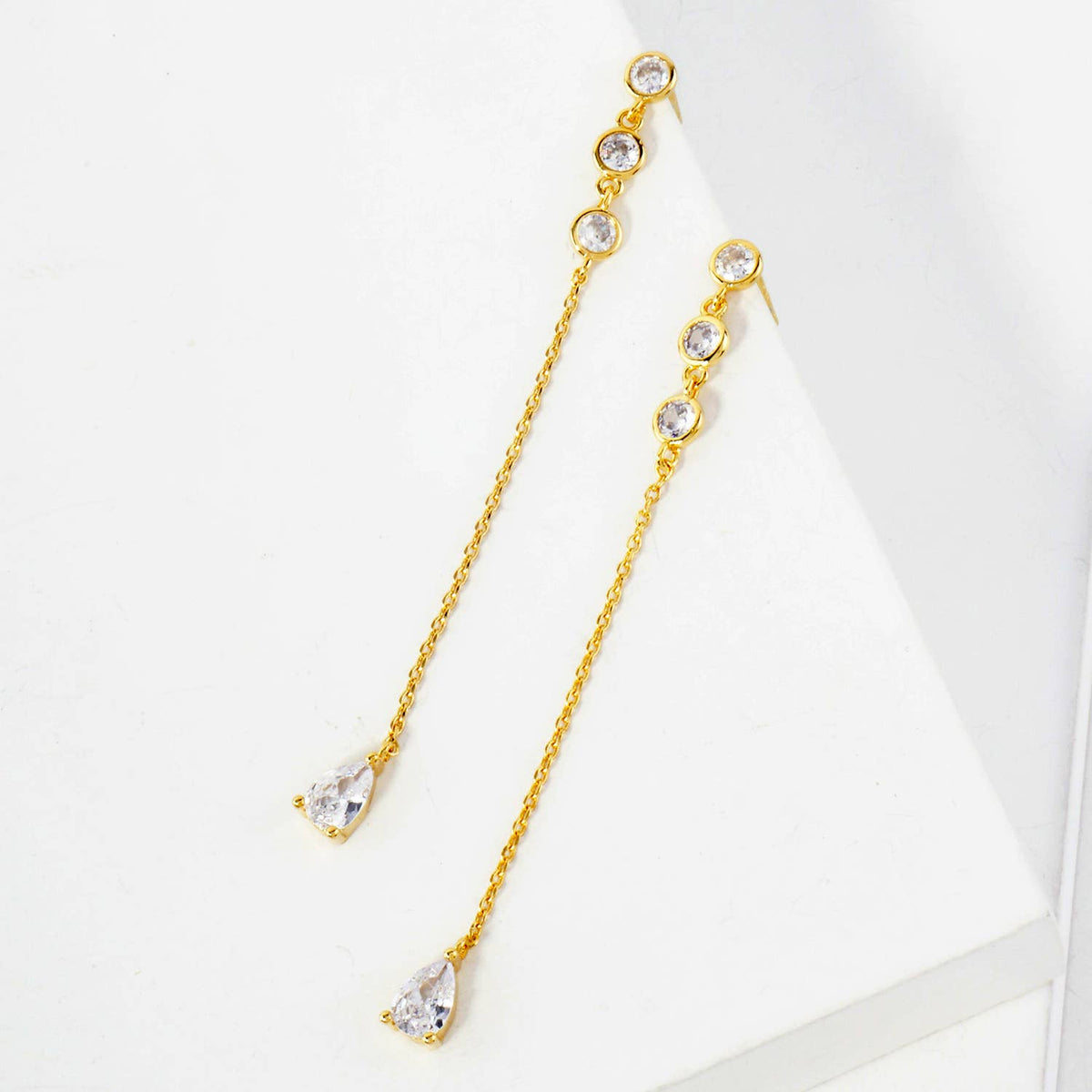 Round CZ Stone Trio with Teardrop Drop Chain Earrings