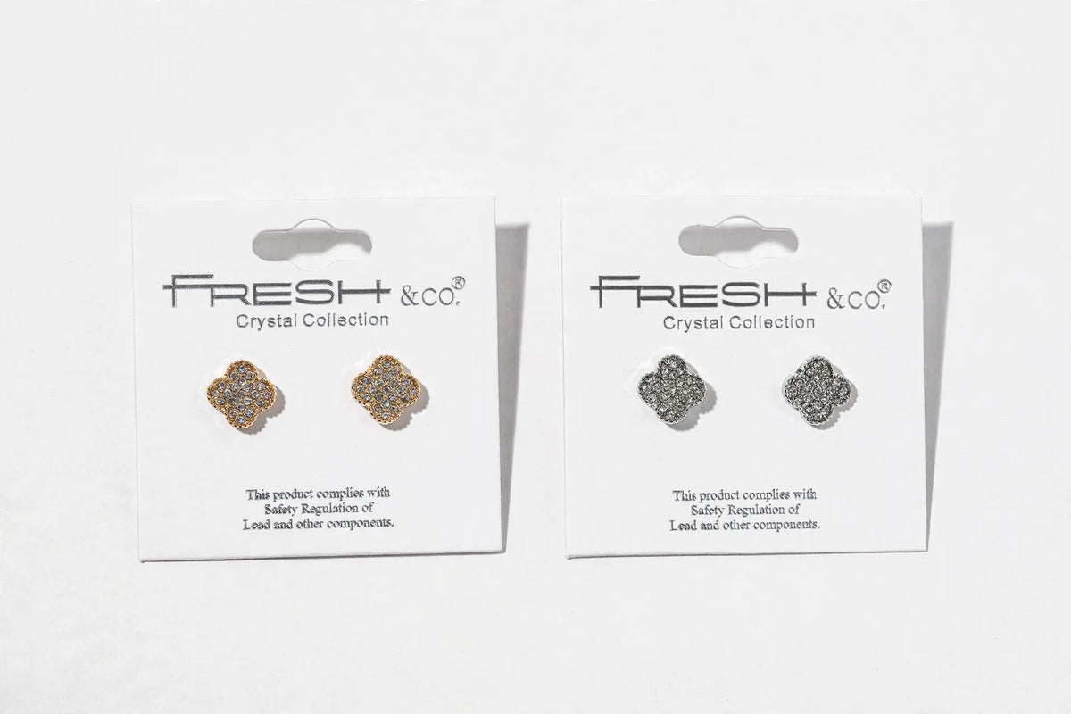 Crystal Clover Stud Earrings – Pavé Quatrefoil Studs, Gold