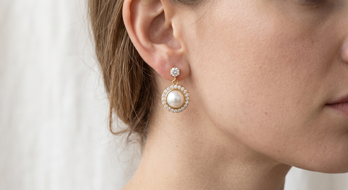 Pearl & Crystal Halo Bridesmaid Drop Earrings on Message Car