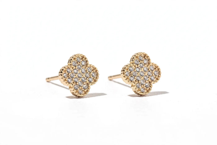 Crystal Clover Stud Earrings – Pavé Quatrefoil Studs, Gold