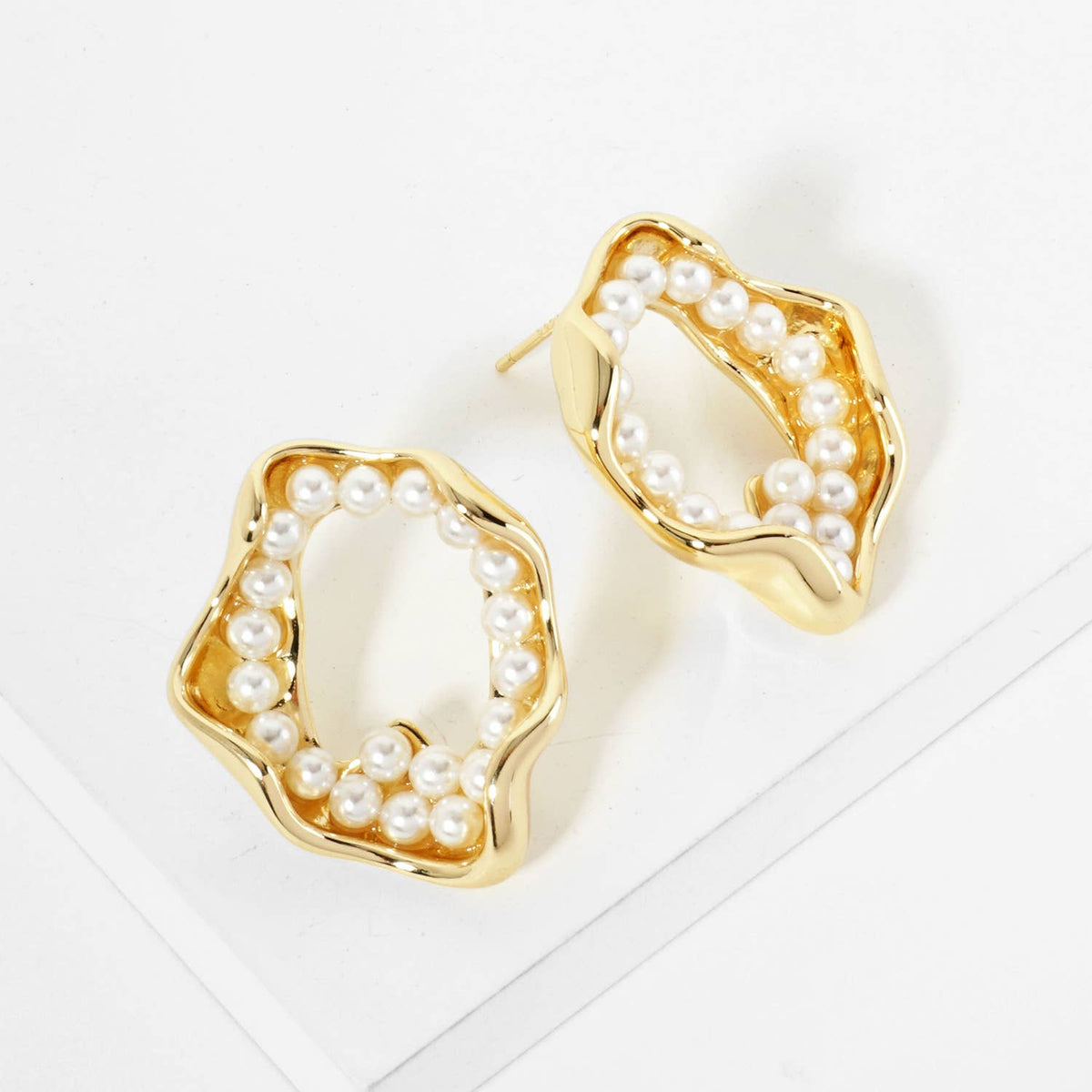 18K Gold Dipped Pearl Beaded Organic Circle Post Earrings