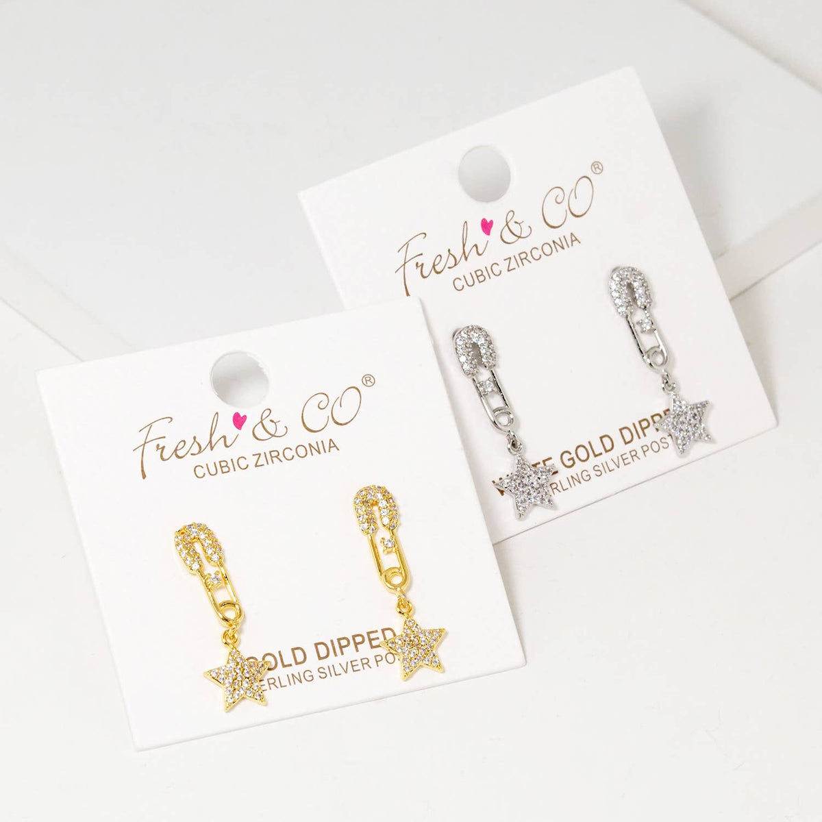 Dainty Pavé Star & Safety Pin Drop Earrings