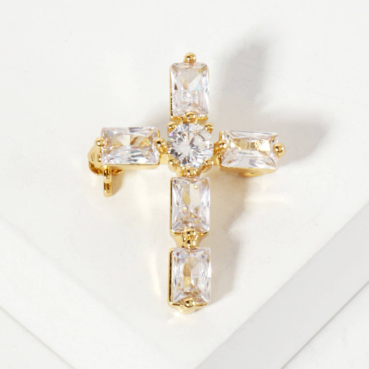 Rectangular Cubic-Zirconia Cross Brass Brooch