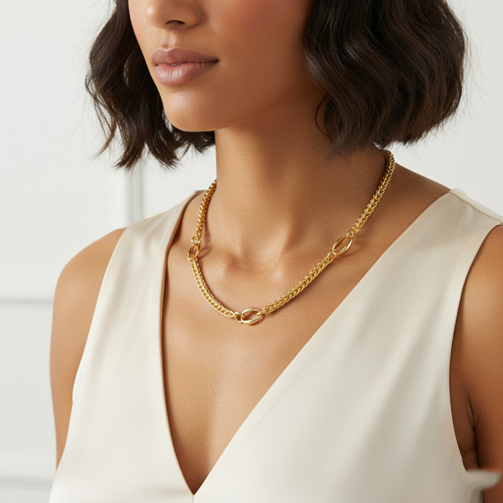 18K Gold Plated Mixed Wheat and Oval Link Statement Necklace