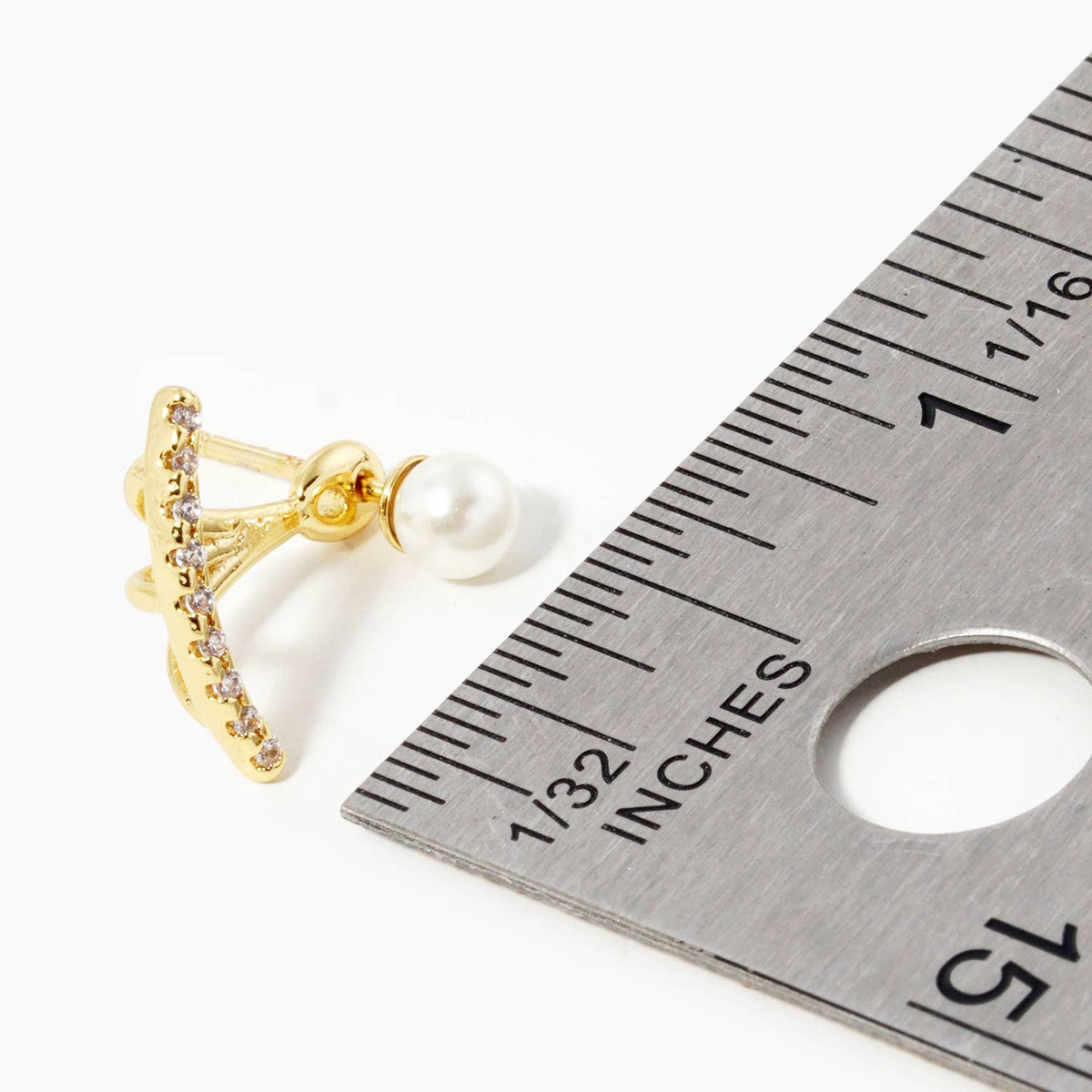 18K Gold Dipped CZ Pave Curved Bar with Pearl Stud Earring