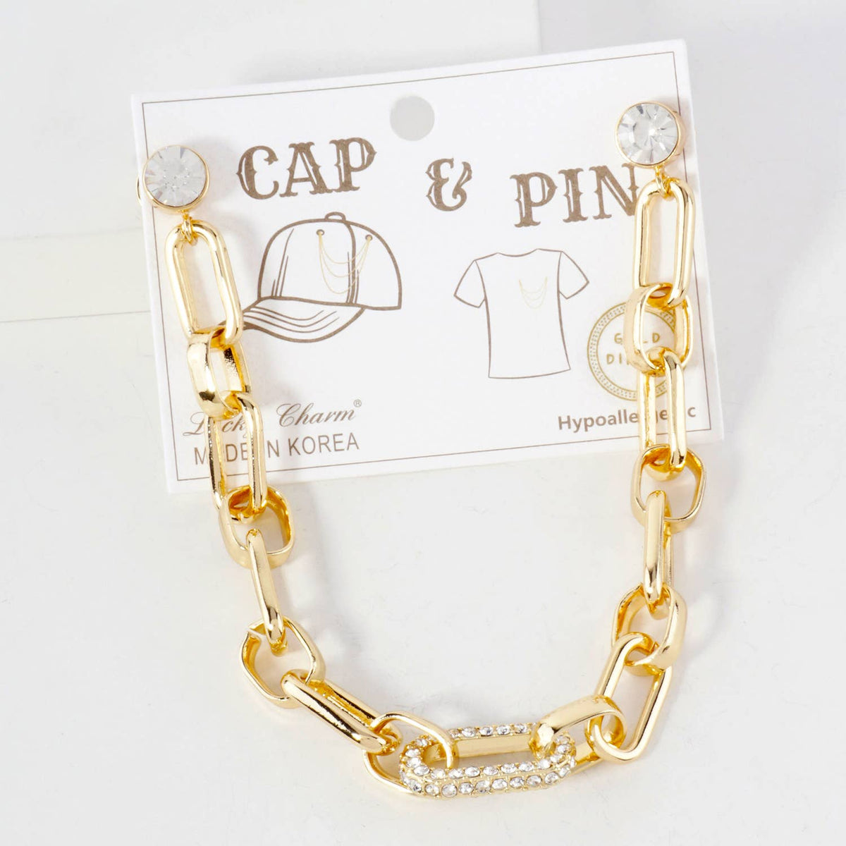 Chunky Link Hat & Collar Pin Chain with Crystal Accents