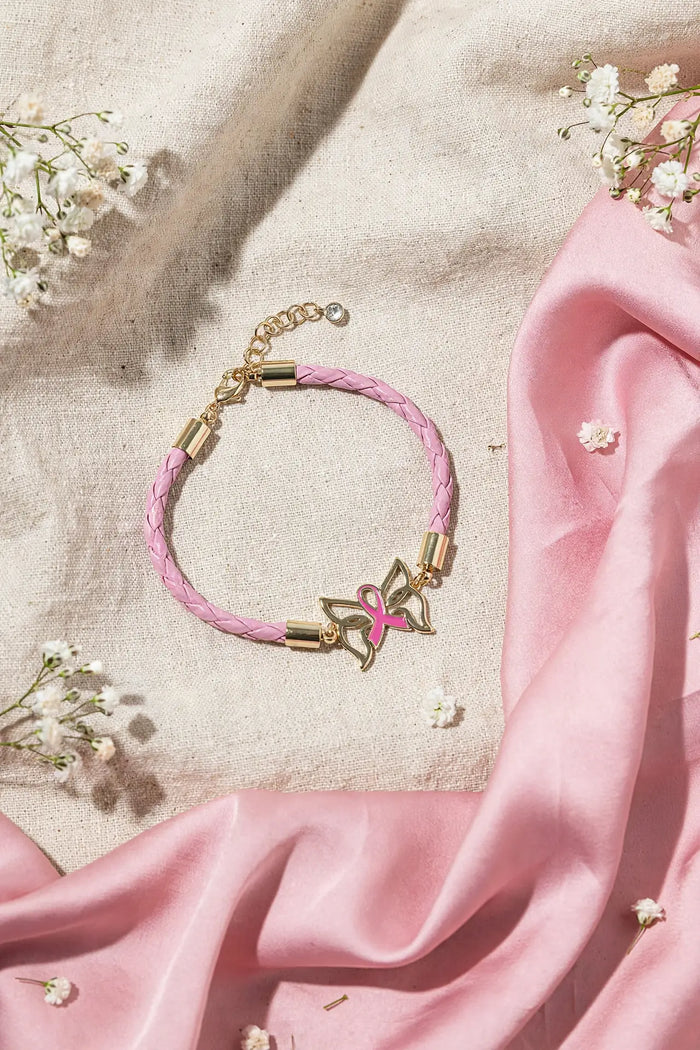 Pink Ribbon Butterfly Bracelet – Gold-Dipped Braided Charm