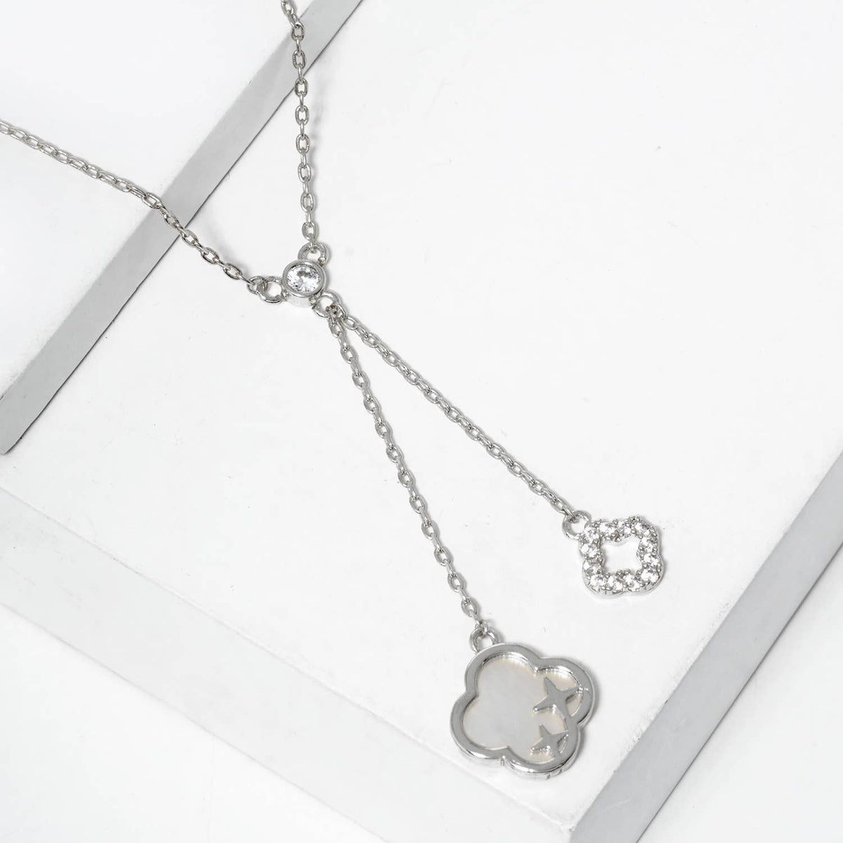 Mother of Pearl and Pave Clover Lariat Drop Necklace