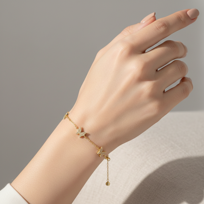 Sparkling Pavé Butterfly Trio Bracelet in 14K Gold Finish
