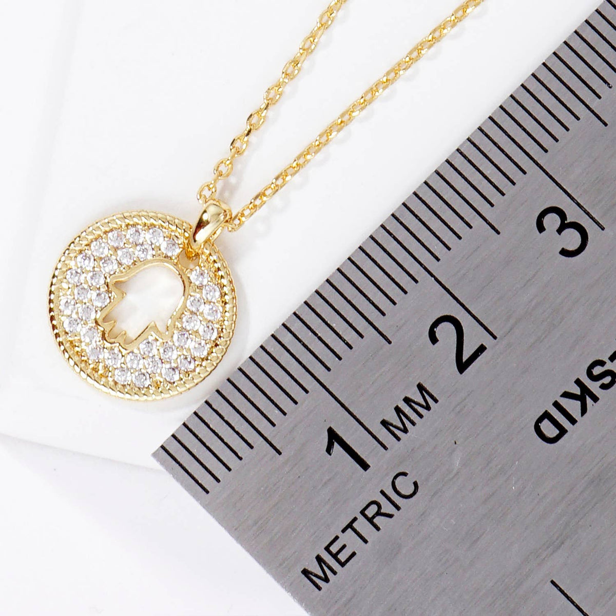Pave CZ Disc Hamsa Hand Pendant Necklace