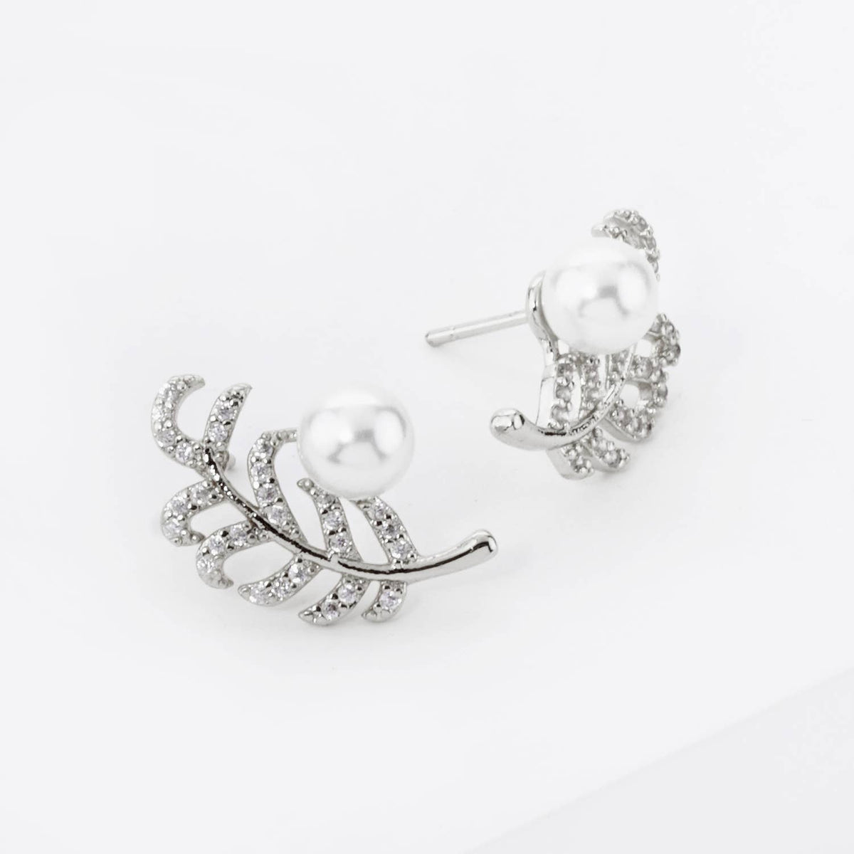 CUBIC ZIRCONIA FEATHER AND PEARL STUD EARRINGS
