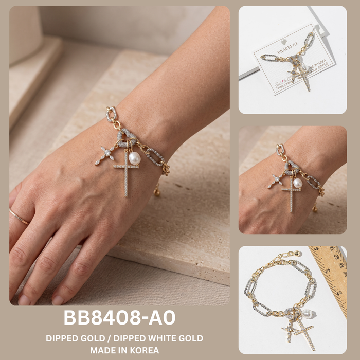 Mixed Metal Cross & Pearl Charm Bracelet