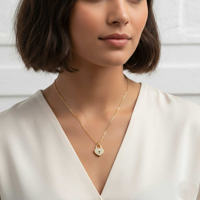 Cubic Zirconia Pavé Heart Lock Pendant Necklace