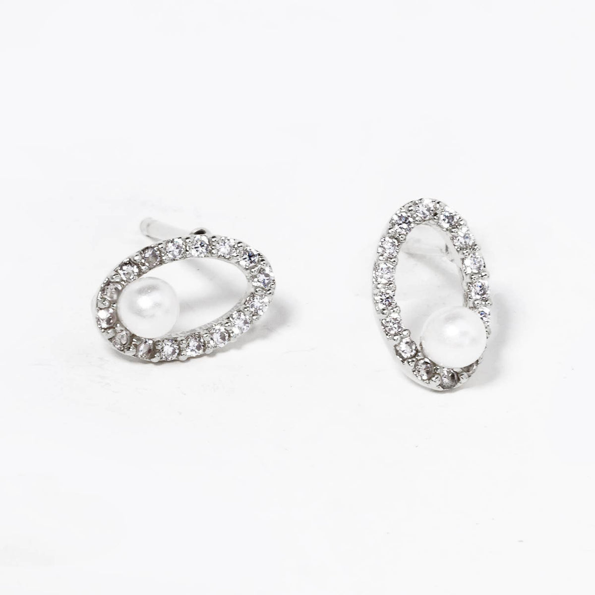 18K Gold Dipped CZ Pave Oval Pearl Post Stud Earrings