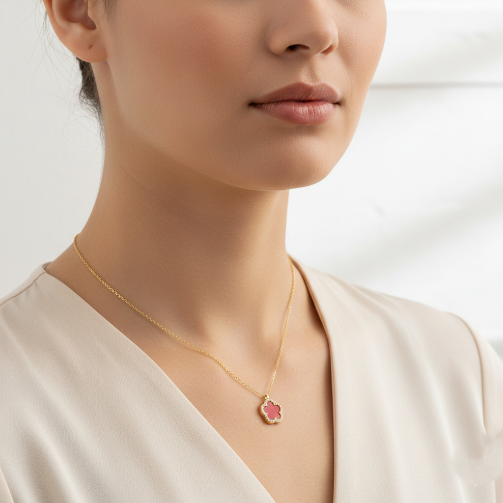 Clover Flower Pendant Necklace with Crystal Border