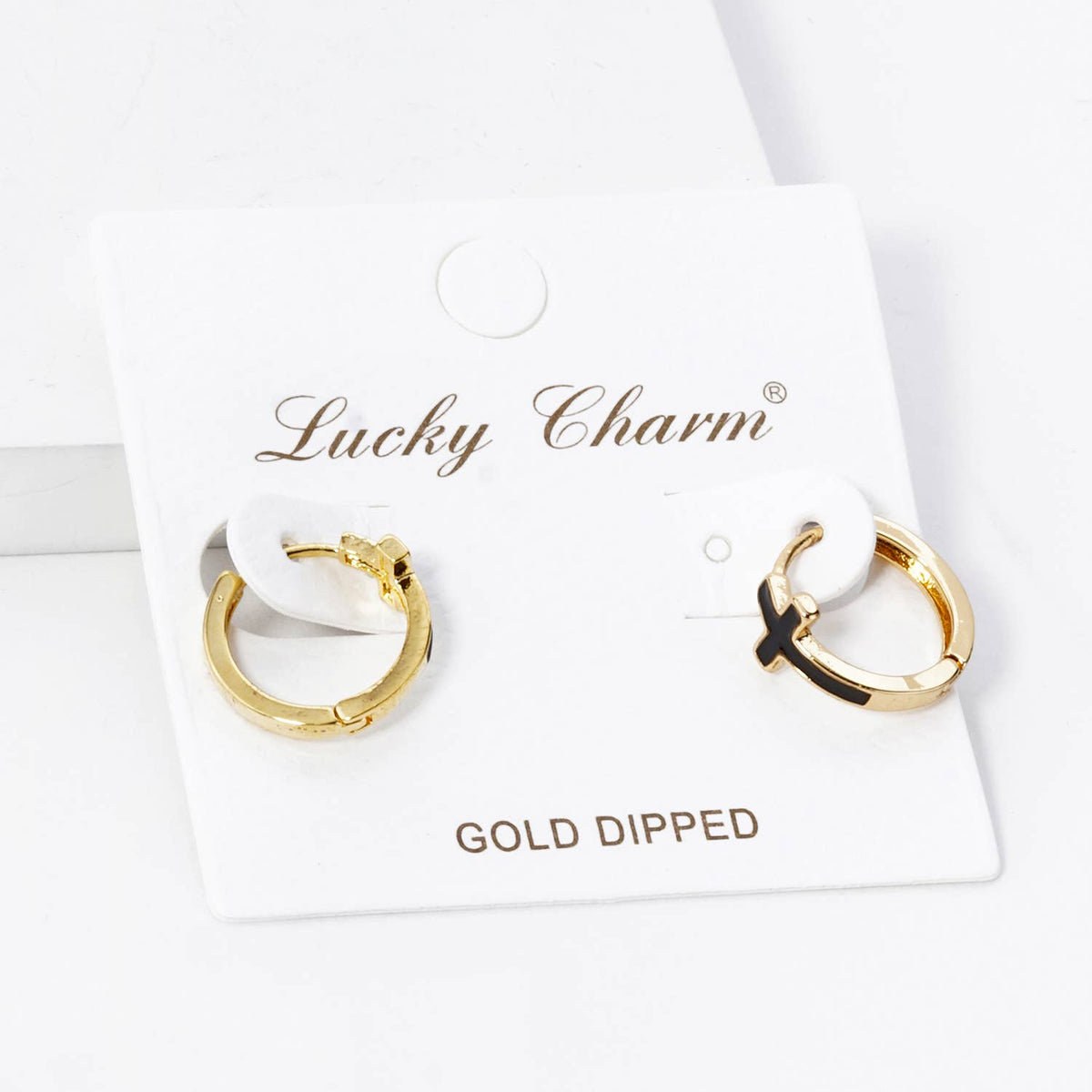 ENAMEL FILLED CROSS ACCENT 13MM HUGGIE HOOP EARRINGS