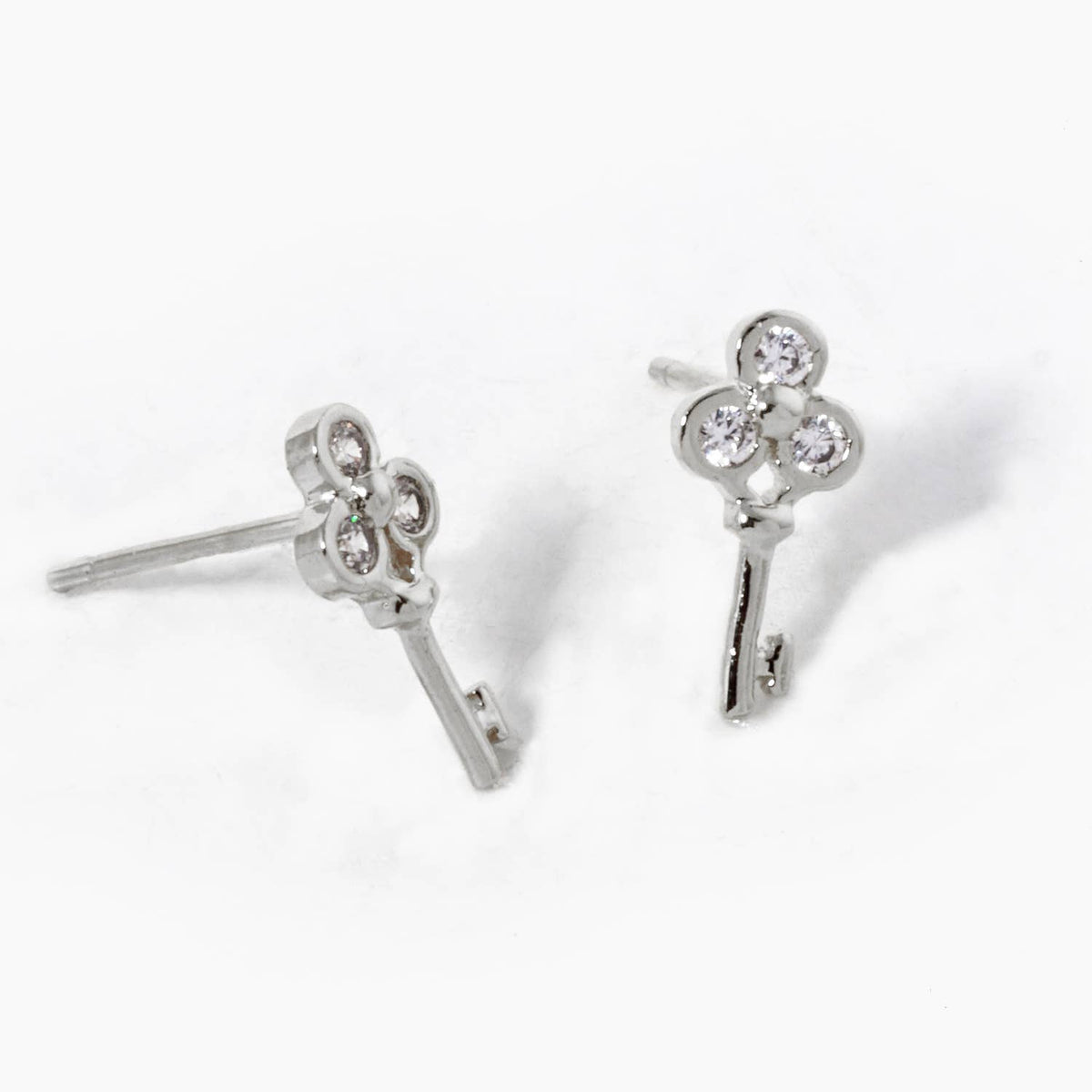 18K Gold Dipped Three CZ Stones Key Stud Earrings