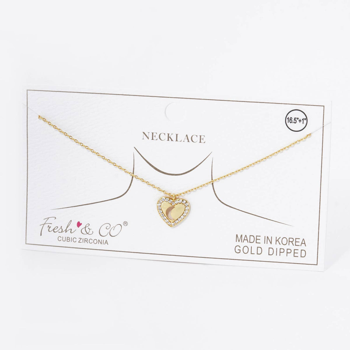 Moon Cutout CZ Pave Heart Pendant Necklace / 18K Gold Dipped