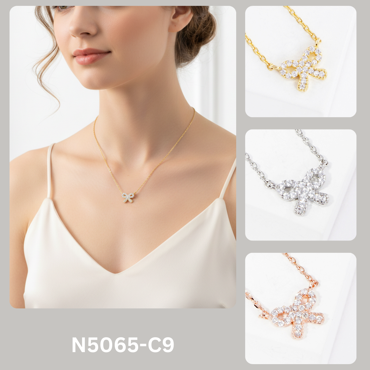 Dainty Pave CZ Bow Ribbon Necklace