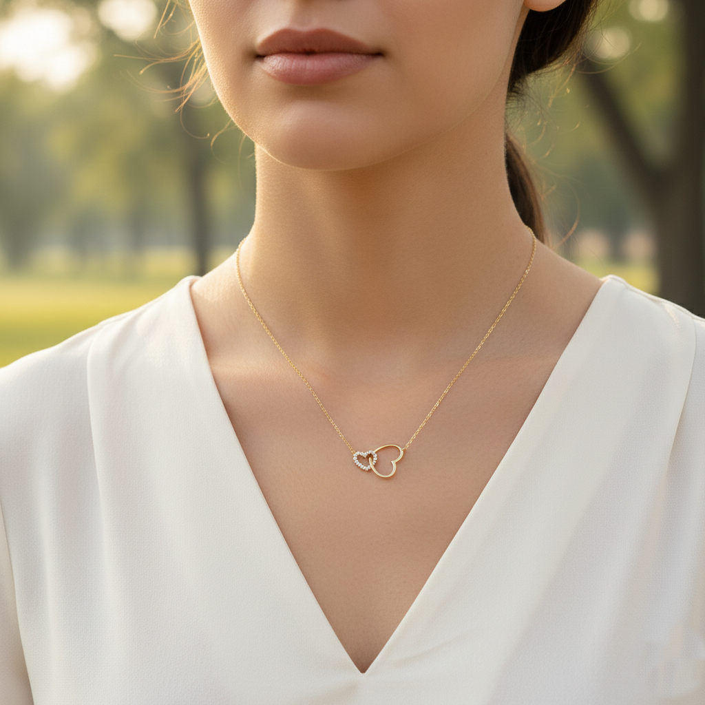 Two Interlocking Hearts Pendant Necklace / 18K Gold Dipped