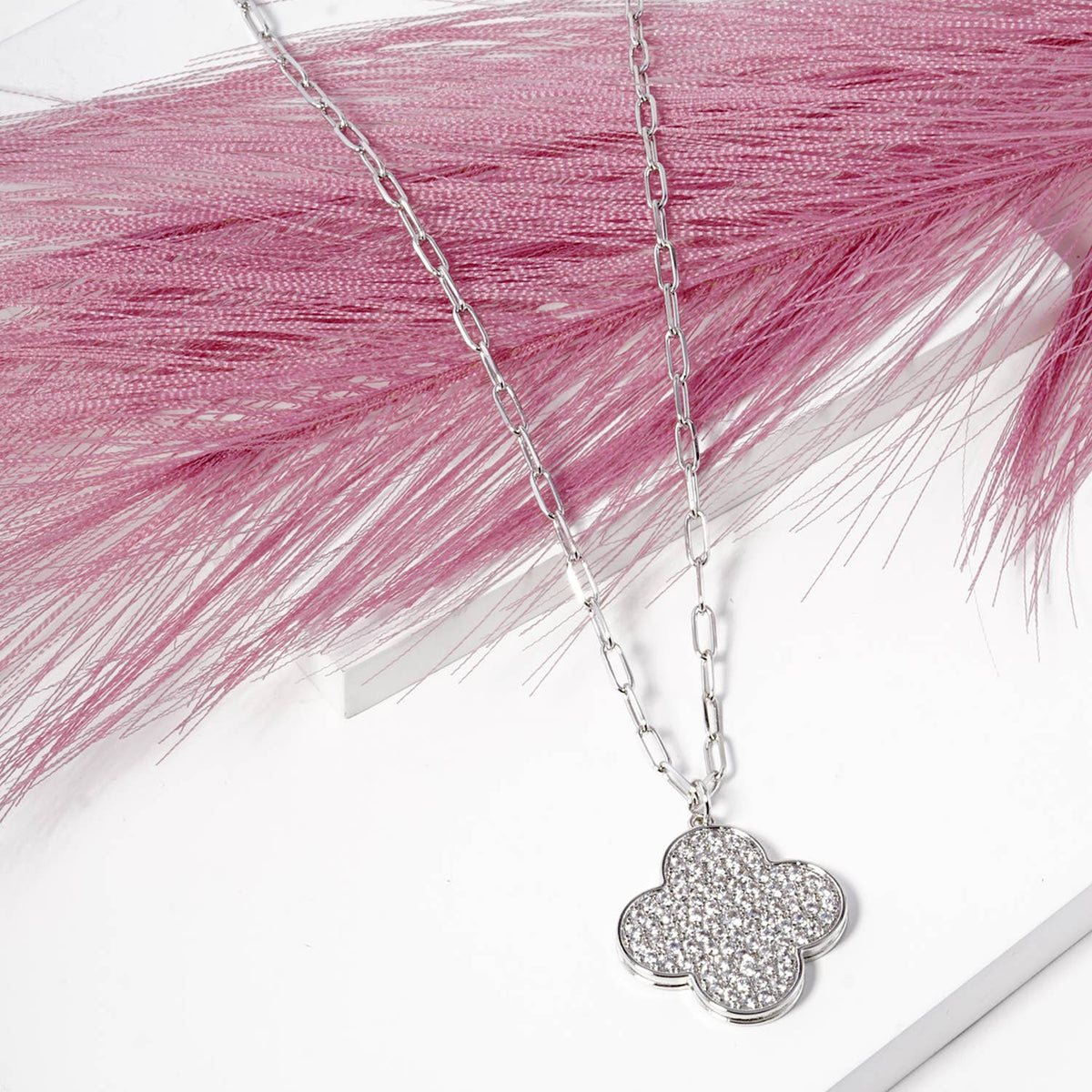 Pave CZ Four-Leaf Clover Paperclip Chain Necklace