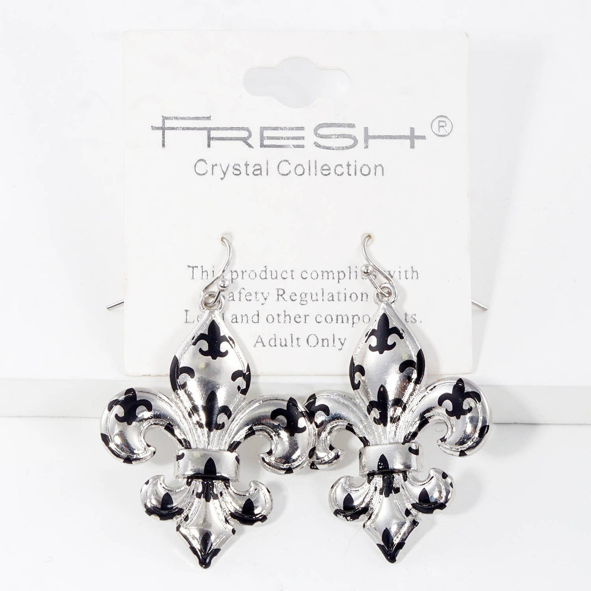 Gold Plated Black Spotted Fleur De Lis Dangle Earrings