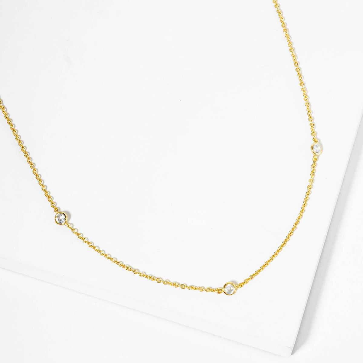 18K Gold Plated Triple Bezel-Set CZ Station Necklace