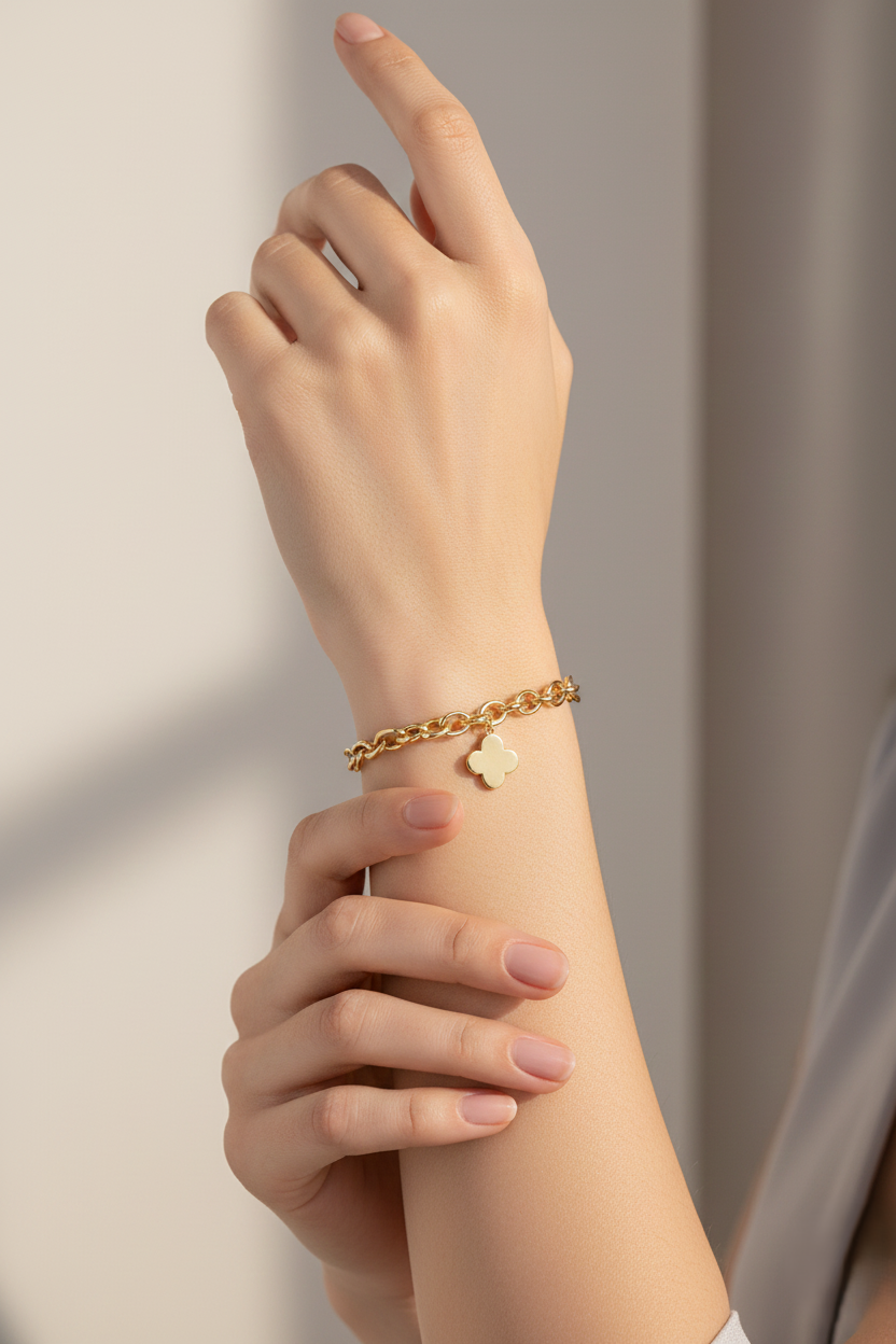 Minimalist Clover Charm Link Bracelet with Magnetic Clasp