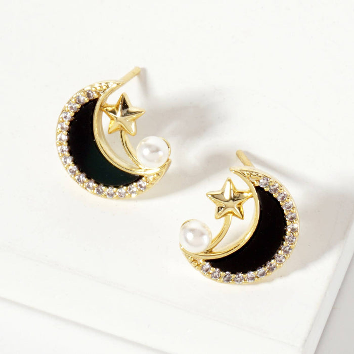 Celestial-Theme Pearl Crescent Moon Stud Earrings