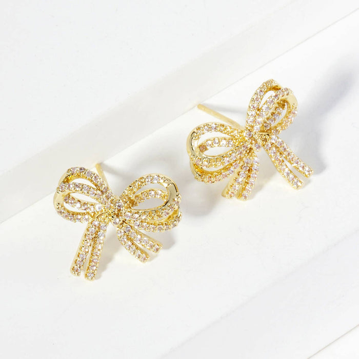 Micro Pave Set Cubic Zirconia Ribbon Bow Stud Earrings