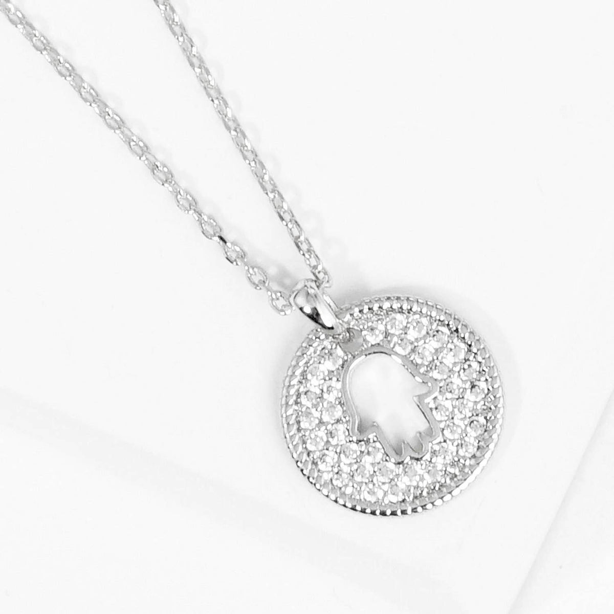 Pave CZ Disc Hamsa Hand Pendant Necklace
