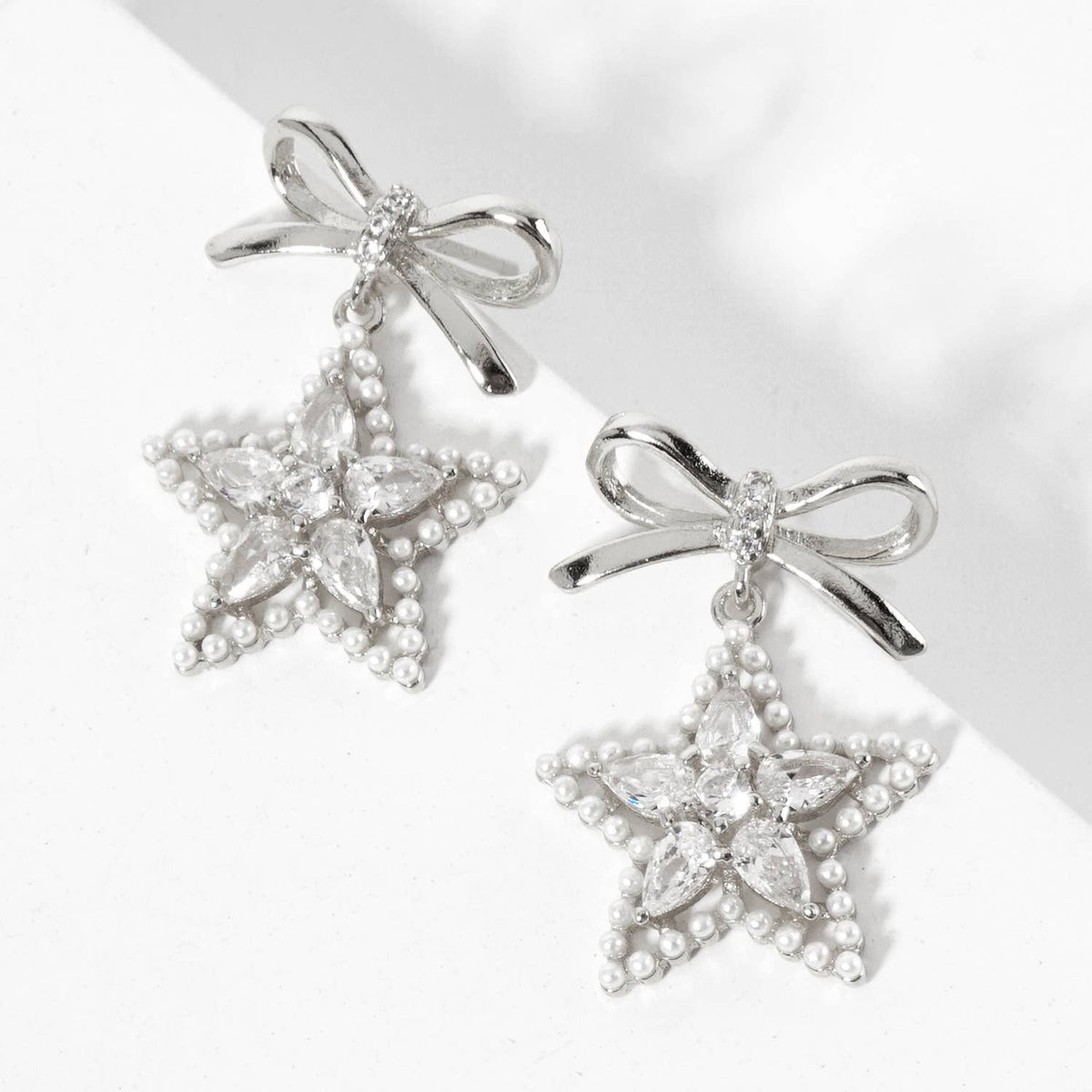 Pearl-Beaded Star Drop 18K-Gold-Dipped Bow Earrings