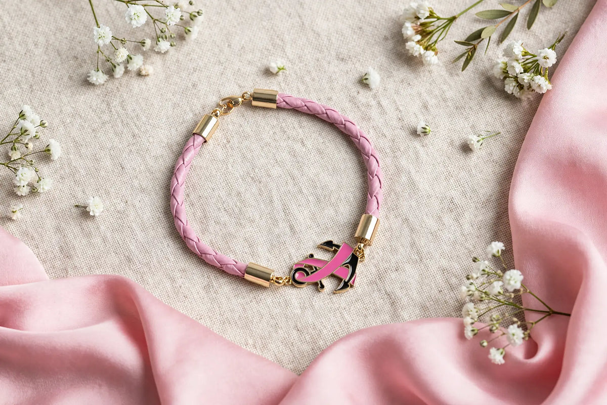 Pink Ribbon Anchor Bracelet – Gold-Dipped Braided Charm