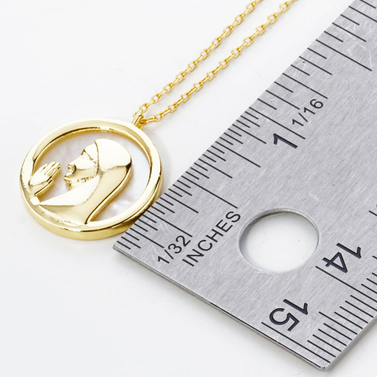 Gold Dipped Virgin Mary Mother of Pearl Disc Necklace