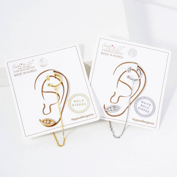 Evil-Eye Stud and Ear Cuff Drape Chain Earring Set