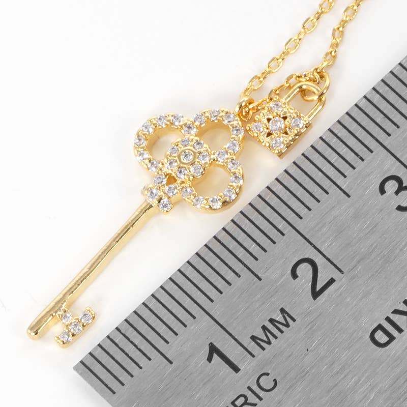 Pave Clover Key and Lock Pendant Necklace