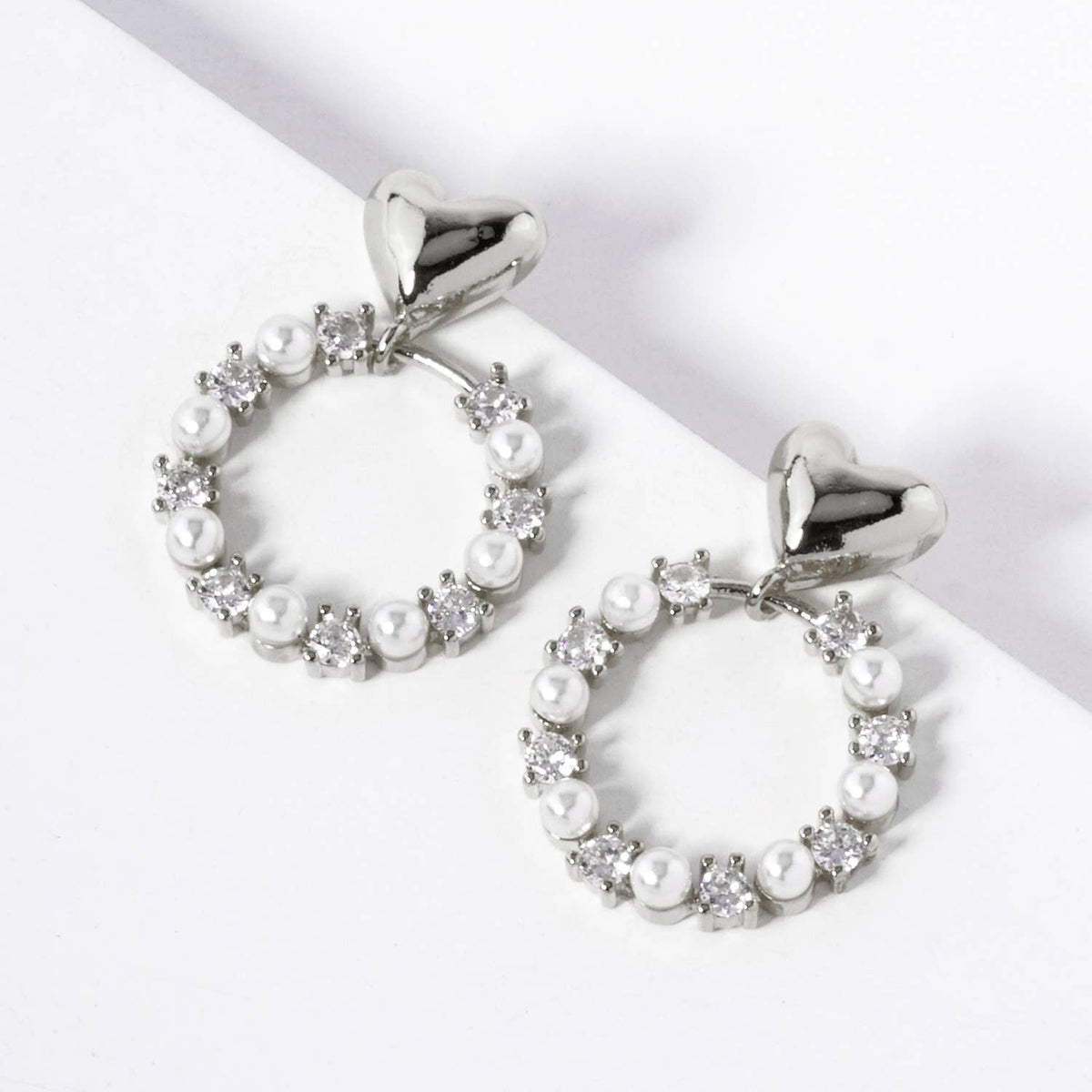 Heart and Pearl Pave Hoop Earrings